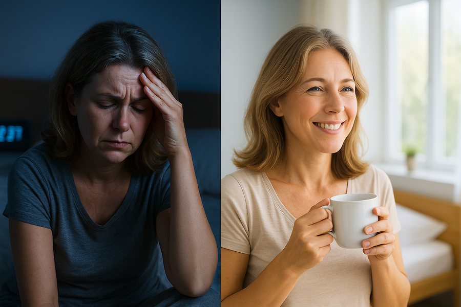 Split image showing stressed woman at night vs. refreshed woman in morning