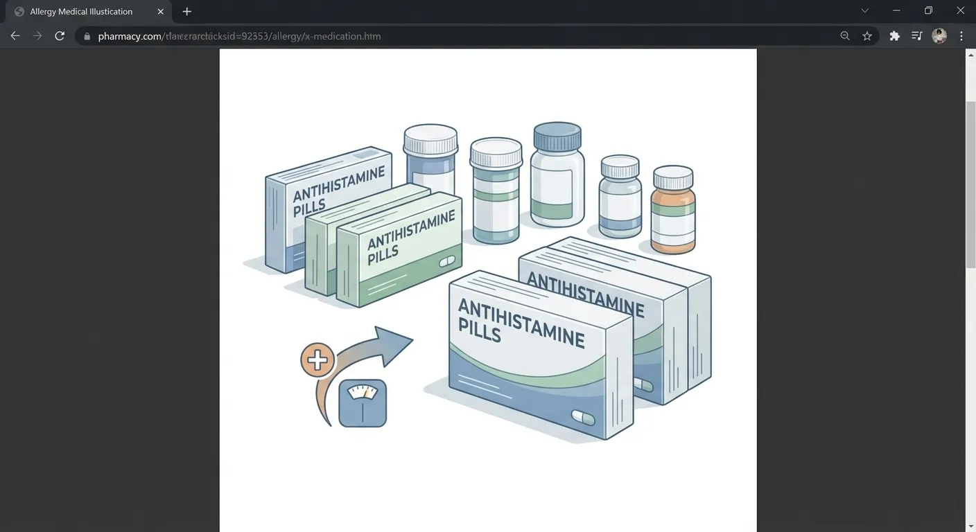 Various allergy and sleep medication boxes with a subtle weight gain indicator, clean pharmacy editorial style