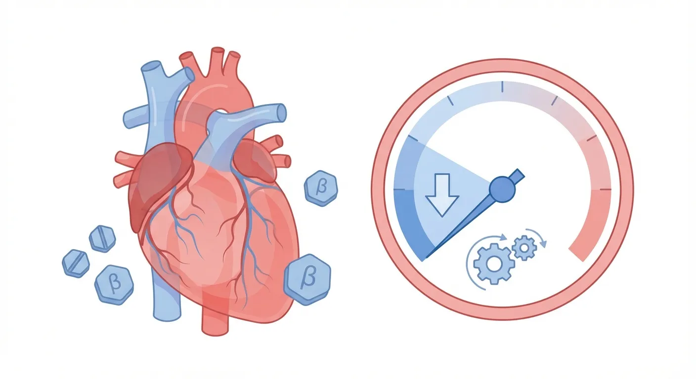 Illustration of a heart with beta blocker medication and a metabolism gauge showing decreased rate, clean medical graphic style