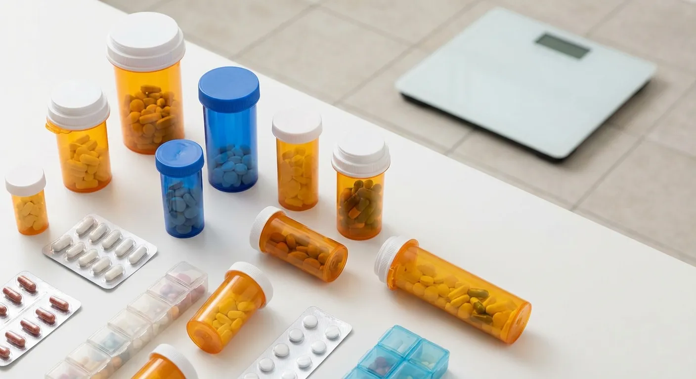 Collection of common prescription pill bottles with a scale in the background showing an upward trend, clean medical editorial style