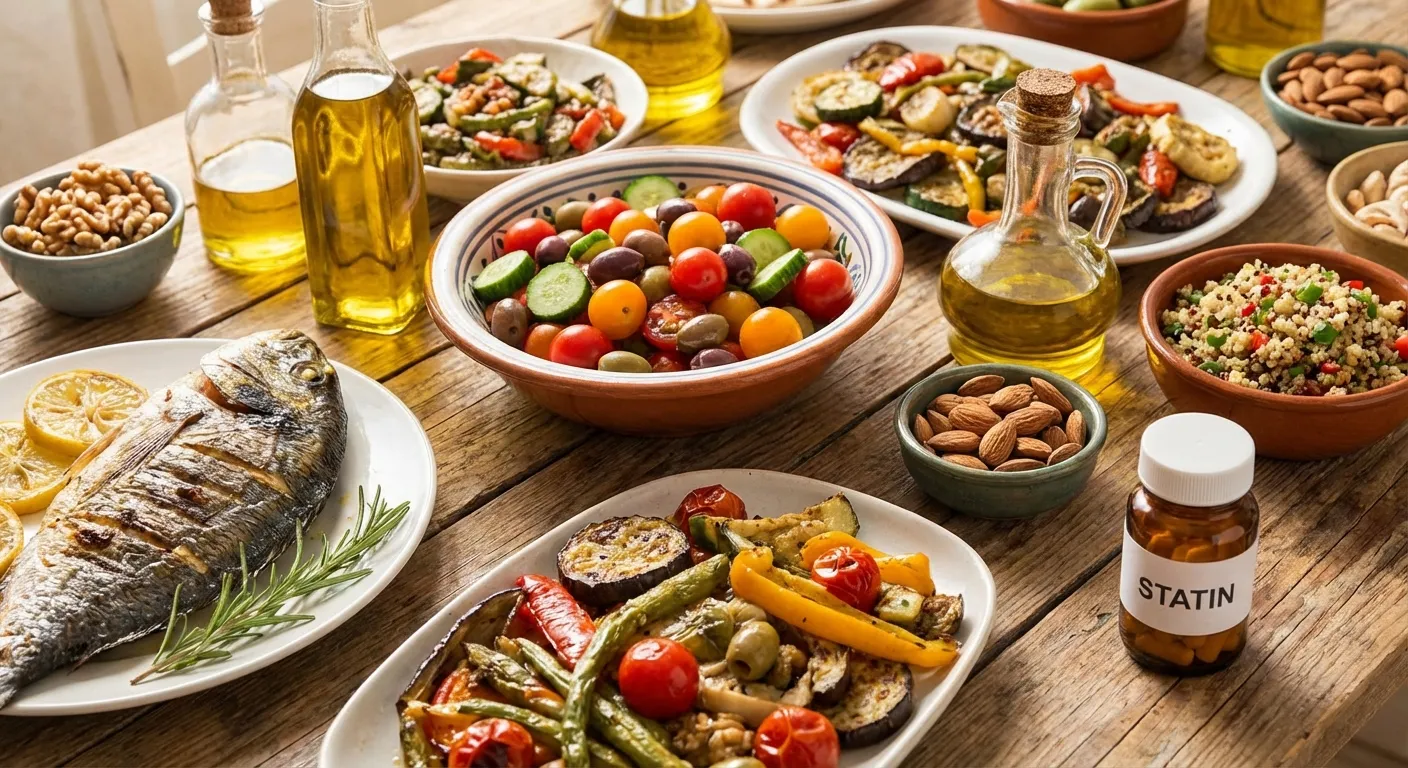 Healthy Mediterranean diet foods arranged on a table including olive oil, fish, nuts, vegetables, and berries, with a small statin pill bottle pushed to the side, bright editorial food photography style