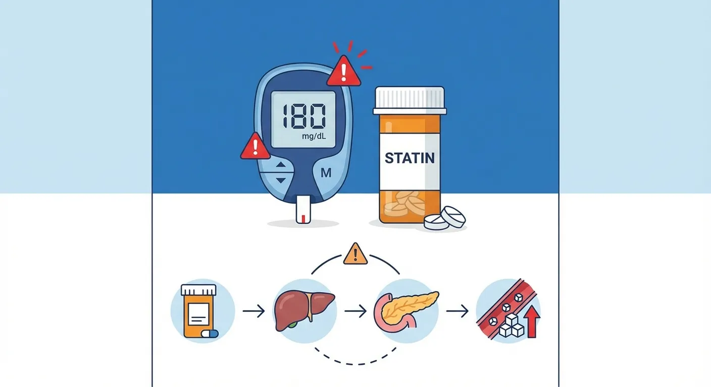 Blood sugar meter showing elevated glucose levels next to a statin pill bottle, with a warning indicator for diabetes risk, clean medical infographic style