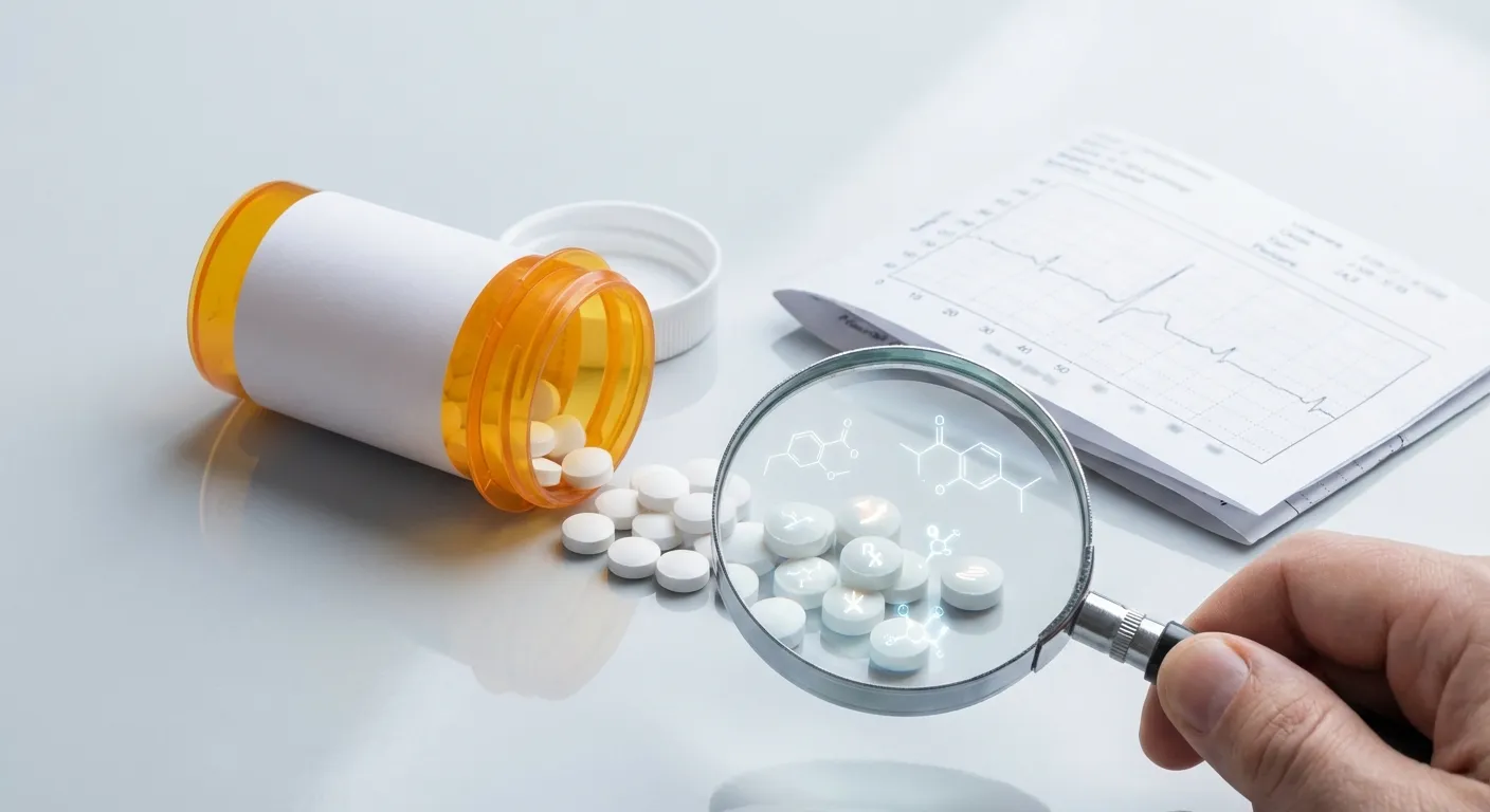 Statin pill bottle tipped over with pills spilling out next to a cholesterol test result, with a magnifying glass highlighting hidden risks, clean medical editorial photography style